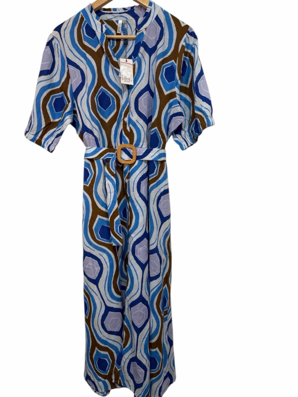 Kaktus NWT Blue/Brown Geometric Midi Dress with Belt and pockets XL